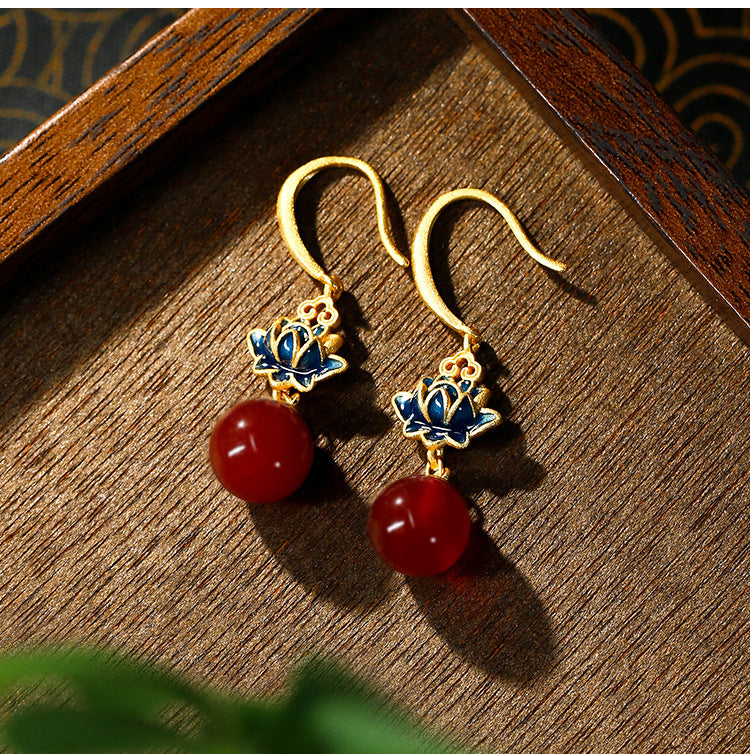 Lotus Chalcedony Earrings | New Chinese Style Hanfu Cheongsam Good Luck Accessory