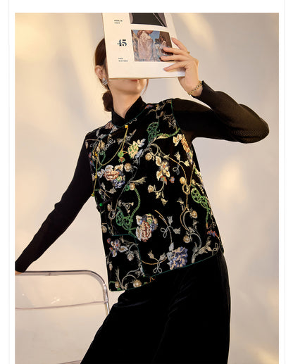 Elegant Velvet Floral Sequin Vest – High-End Women's Fashion