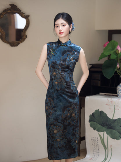 Modified Slim Fit Qipao – Elegant Vintage Blue Chinese Dress