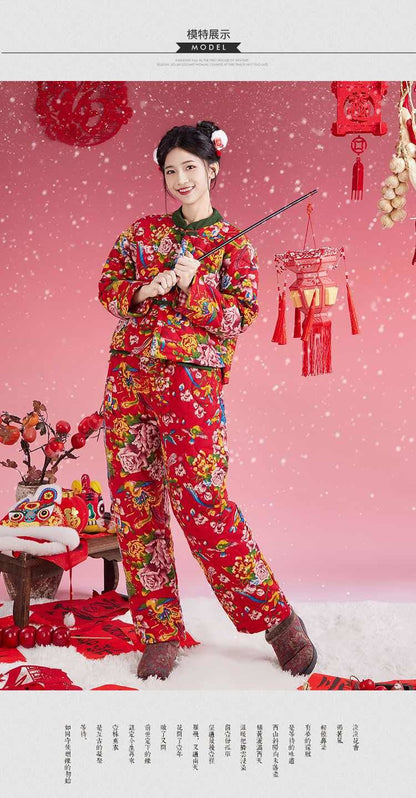 Northeast Floral Winter Jacket Women Thick Ethnic Cotton Coat Set