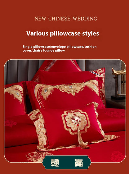 Luxury Red Cotton Wedding Bedding 4-Piece Embroidered Set