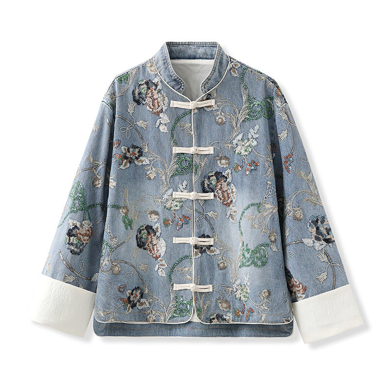 Blue Sequin Embroidered Denim Jacket High-End New Chinese Style