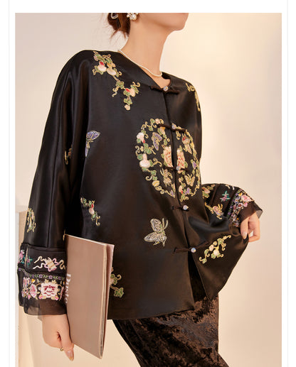 2026 Autumn New Chinese Style Printed Embroidered Acetate Coat for Women