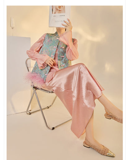 Ostrich Feather Detachable Vest – Elegant New Chinese Style Top