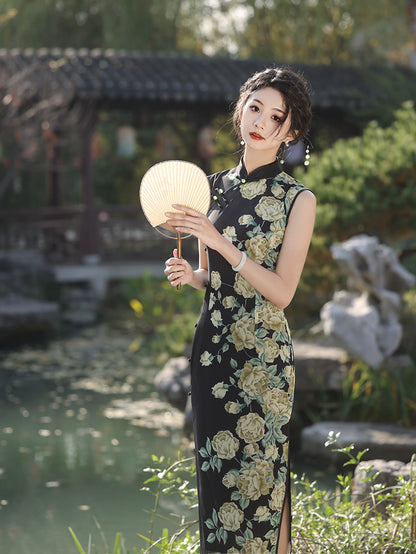 Elegant Dark Green Cheongsam – Retro Spring High-End Dress
