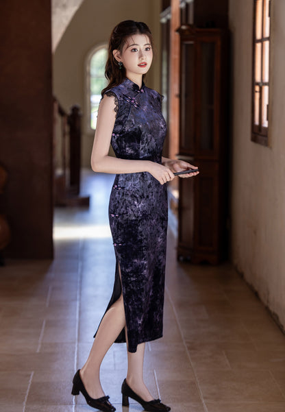 Purple Sleeveless Cheongsam – Old Shanghai Retro 2025 Autumn Dress