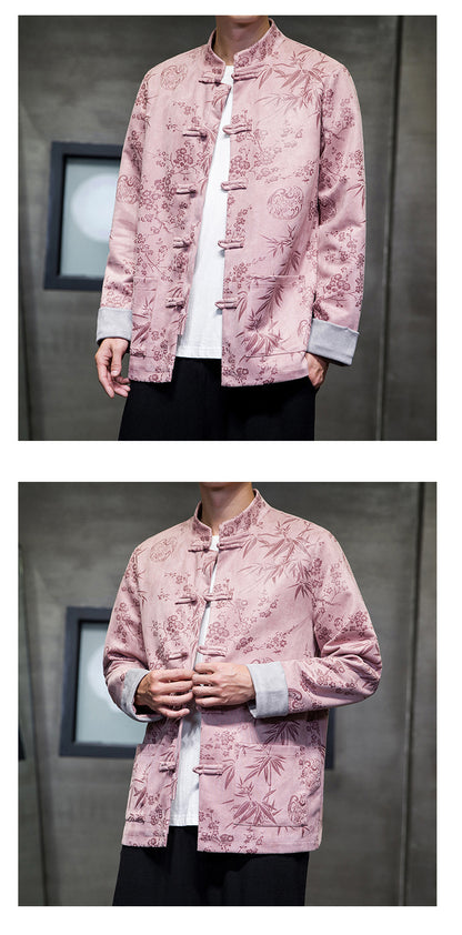 Chinese Style Mens Retro Tang Suit Button Printed Velvet Coat