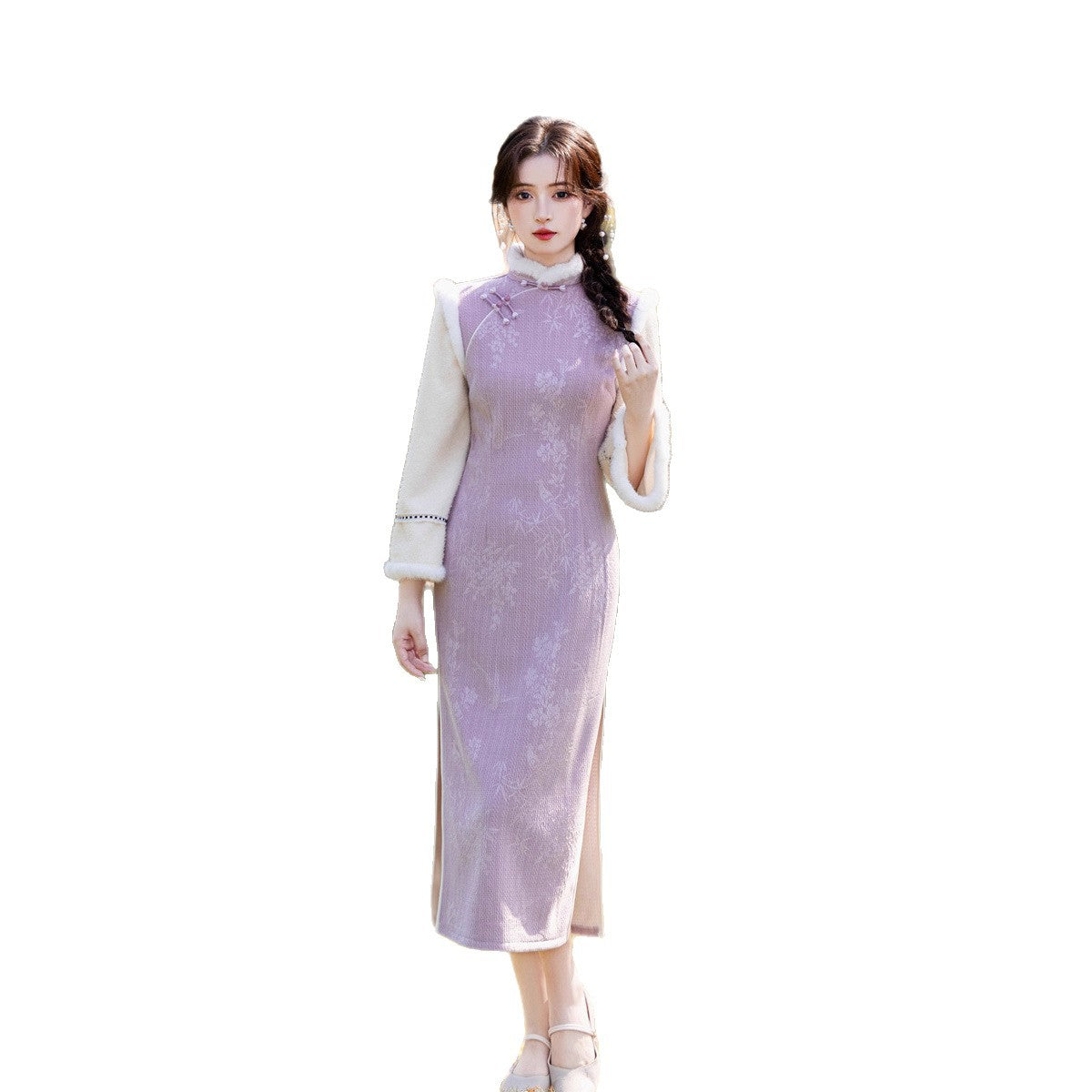 Thick Flared Sleeve Long Cheongsam | Youth New Chinese Style Winter Dress
