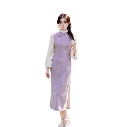 Thick Flared Sleeve Long Cheongsam | Youth New Chinese Style Winter Dress