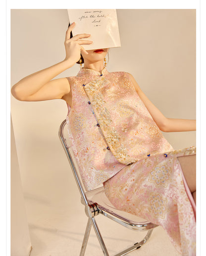 Elegant Beaded Asymmetrical Vest & High Waist Skirt Set