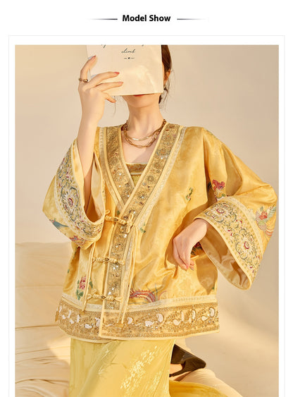 Luxury V-Neck Embroidered Jacket – Modern Chinese Style Outerwear
