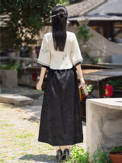 Elegant Improved Cheongsam Top & Hanfu Ink Design Skirt Set