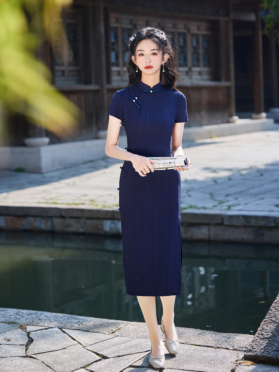 Striped Cotton Linen Cheongsam – 2025 Vintage Artistic Dress