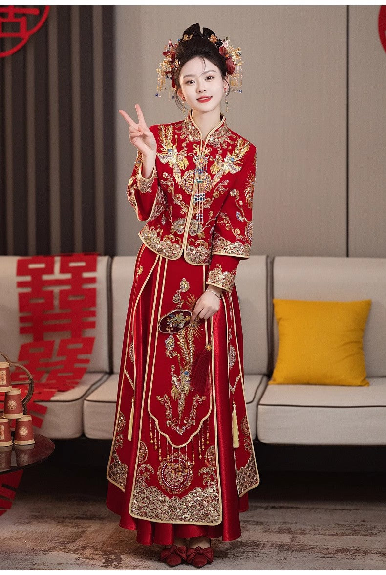 Chinese Wedding Xiuhe Dress Bride Velvet Toast Suit Set