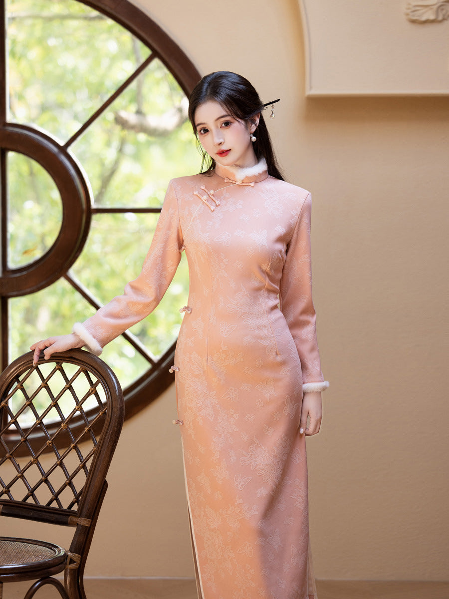 2025 Pink Velvet Cheongsam | New Chinese Style Warm Winter Dress