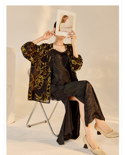 Velvet Burnout Jacket & Printed Cardigan Dress Set for Autumn