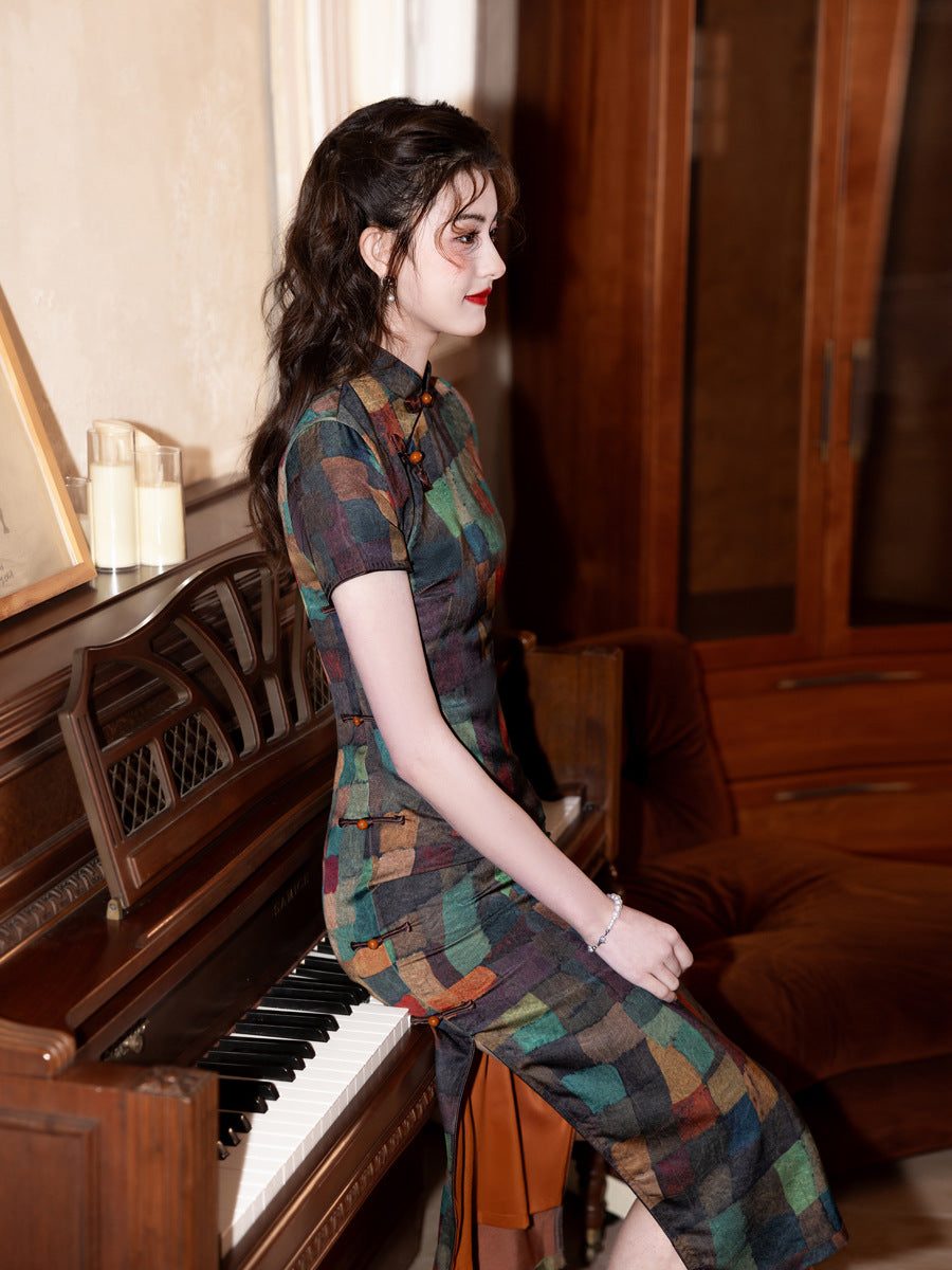 High-End Summer Cheongsam – Plaid Short Sleeve Elegant Dress