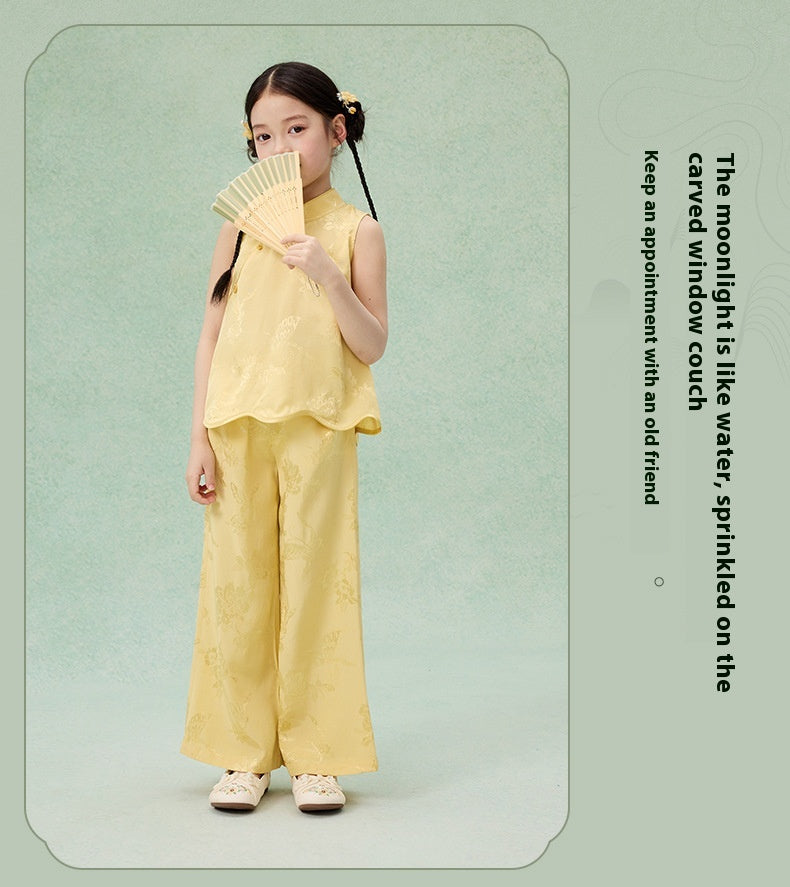 National Style Hanfu-Inspired Summer Set — Top & Pants for Children