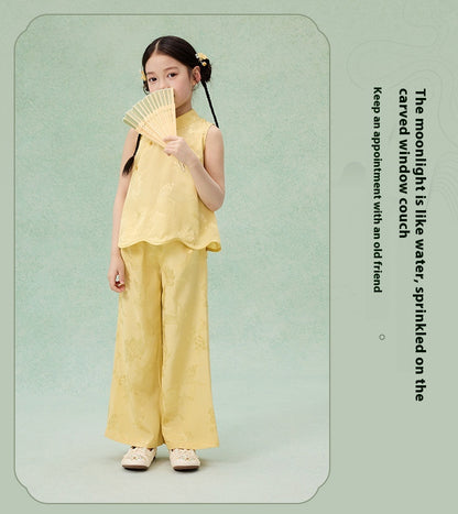 National Style Hanfu-Inspired Summer Set — Top & Pants for Children