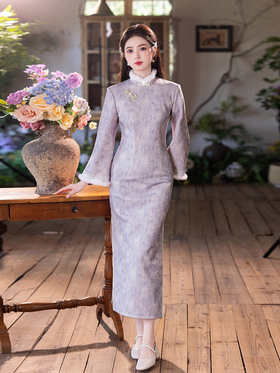 New Chinese Style Purple Qipao | Thickened Warm Retro Winter Dress