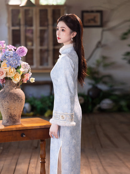 Gentle Brightening Cheongsam | New Chinese Style Winter Thickened Fleece Dress