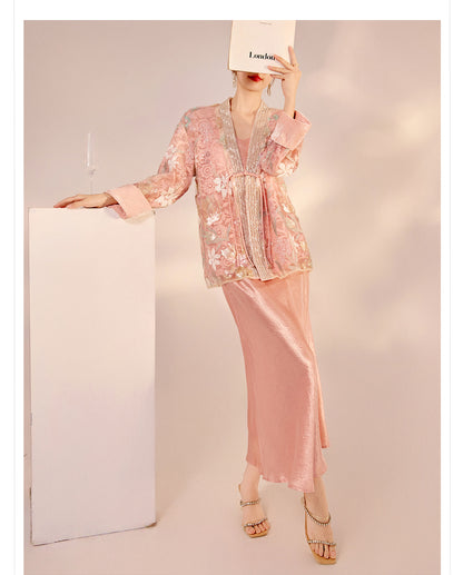 Spring New Chinese Style Velvet Sequin Embroidered Mesh Blouse