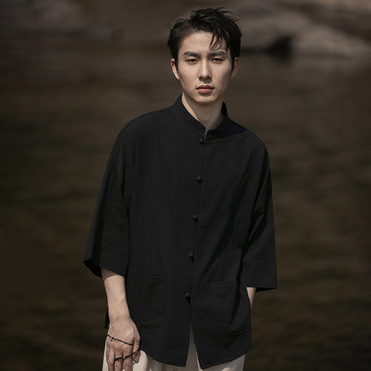 Summer Chinese Cotton Linen Shirt Men Casual Thin Youth Trend Top