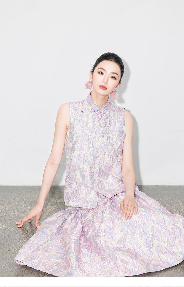 Brocade Jacquard Heavy Craft Puff Skirt & Vest Set for Autumn