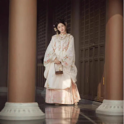 Women Ming Dynasty Hanfu Set Heavy Embroidery Cloud Shoulder Stand Collar Horse Face Skirt