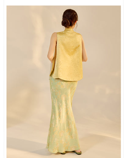 High-End Embroidery Stand Collar Vest & Jacquard Mermaid Skirt