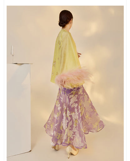 New Chinese Embroidered Feather Sleeve Patchwork Top & Skirt Set