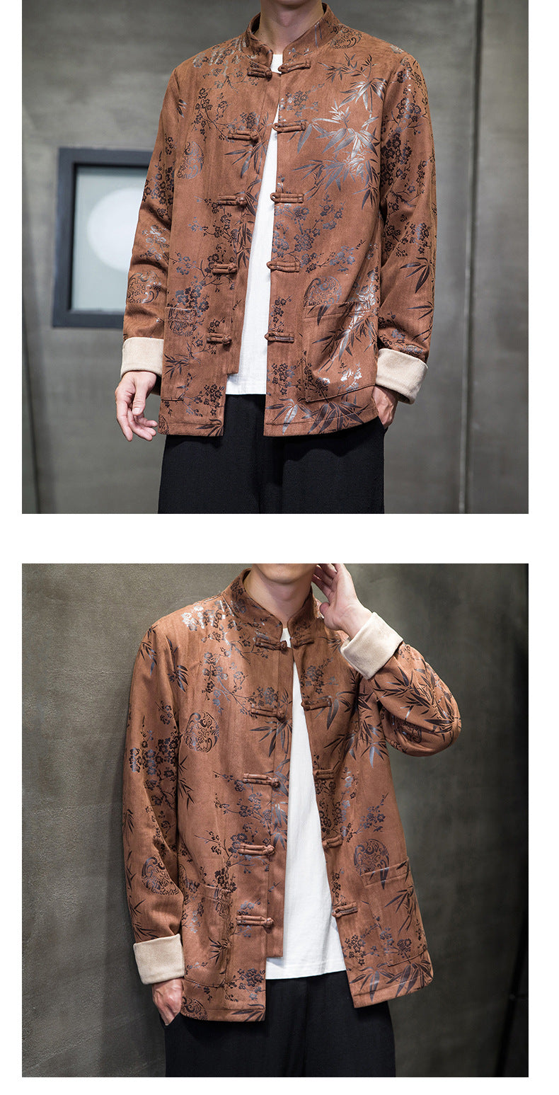 Chinese Style Mens Retro Tang Suit Button Printed Velvet Coat