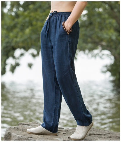 Mens Summer Thin Breathable Linen Pants Cotton Linen Wide Leg Casual