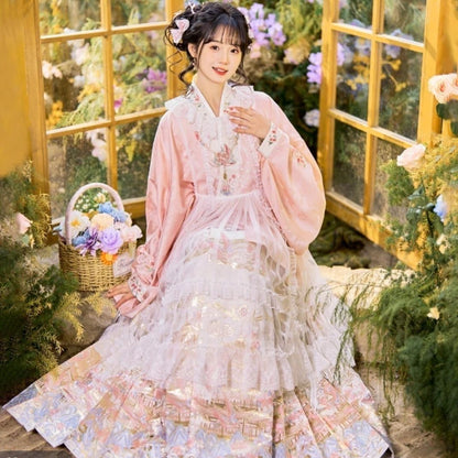 Han-Yang Mixed Hanfu Set 2025 New Ming Style Pipa Sleeve Brocade Horse Face Skirt