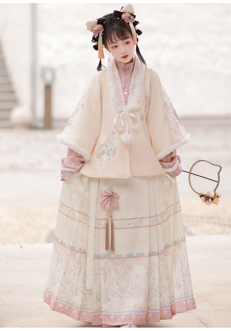 Trees of Sea Women Ming Hanfu Set: Embroidered Stand Collar Jacket & Horse Face Skirt New Year