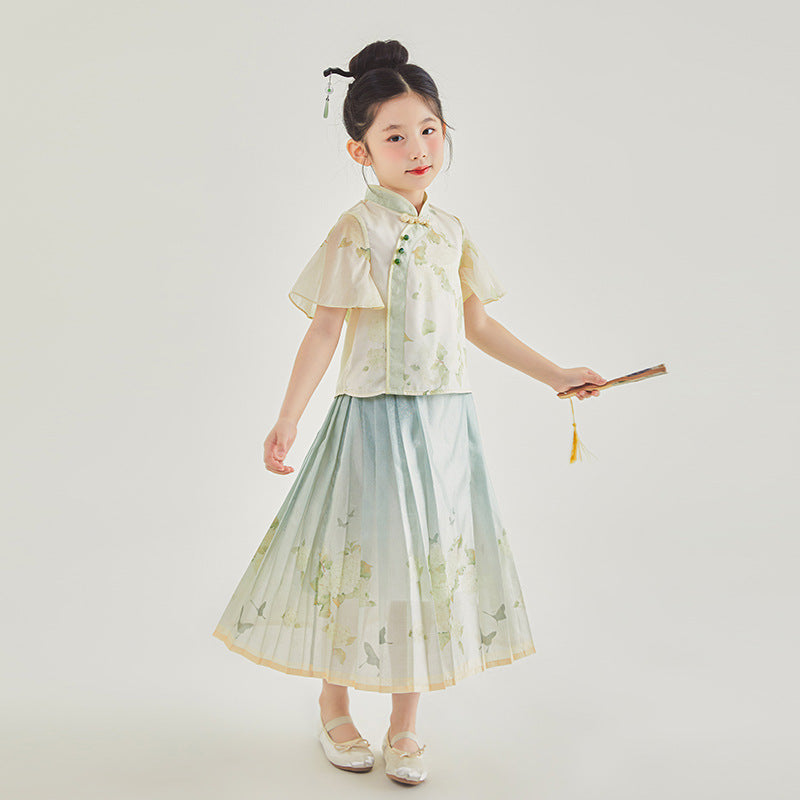 New Chinese Style Girls Outfit — Short Sleeve Shirt & Pleated Skirt
