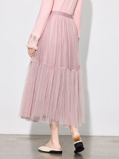 Luxury Pleated Mesh Skirt — Fairy-Inspired Layered Hem Midi