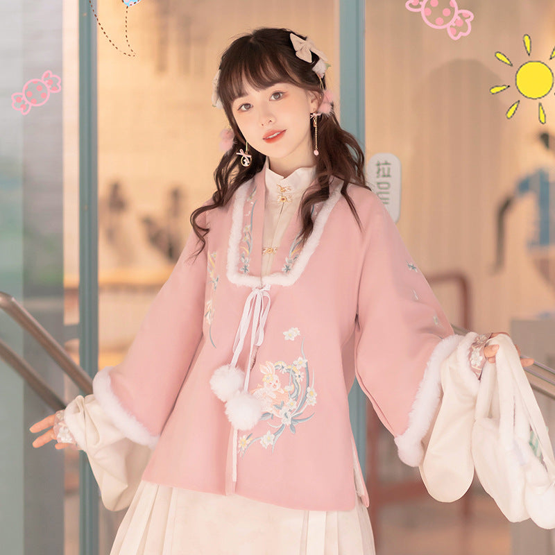 Trees of Sea Women Ming Hanfu Set: Fleece Lined Embroidered Collared Jacket & Horse Face Skirt New Year Outfit