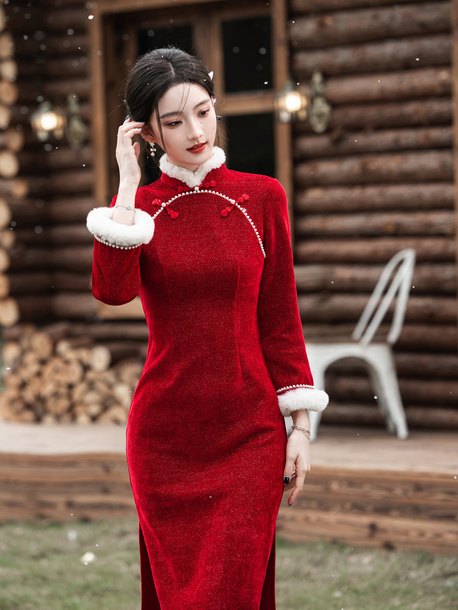 2025 New Improved Qipao – Warm Red High-End Autumn Winter Style