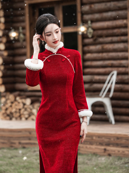 2025 New Improved Qipao – Warm Red High-End Autumn Winter Style