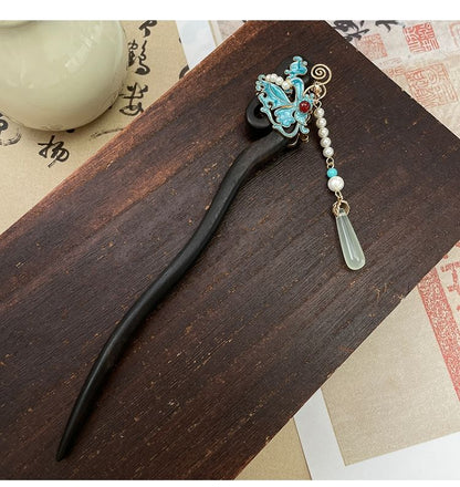 Ancient Style Imitation Jade Burnt Blue Butterfly Double Sided Hairpin