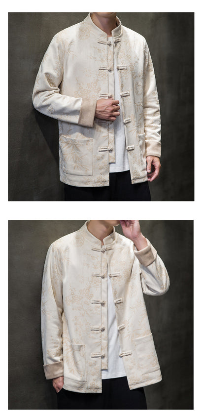 Chinese Style Mens Retro Tang Suit Button Printed Velvet Coat