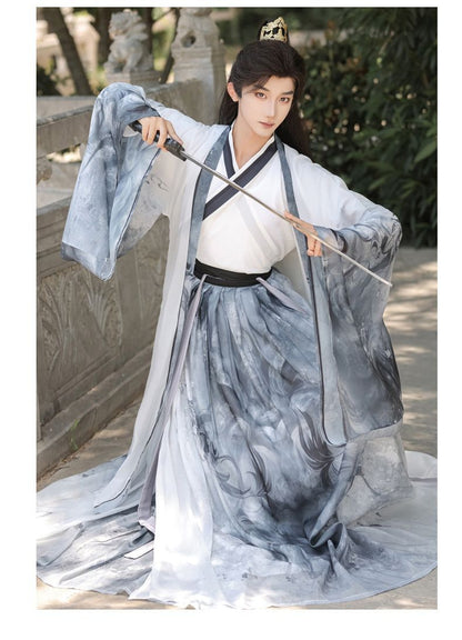 Oriental Ancient Drama Hanfu Costume Mens White Ink Print Daily Wear