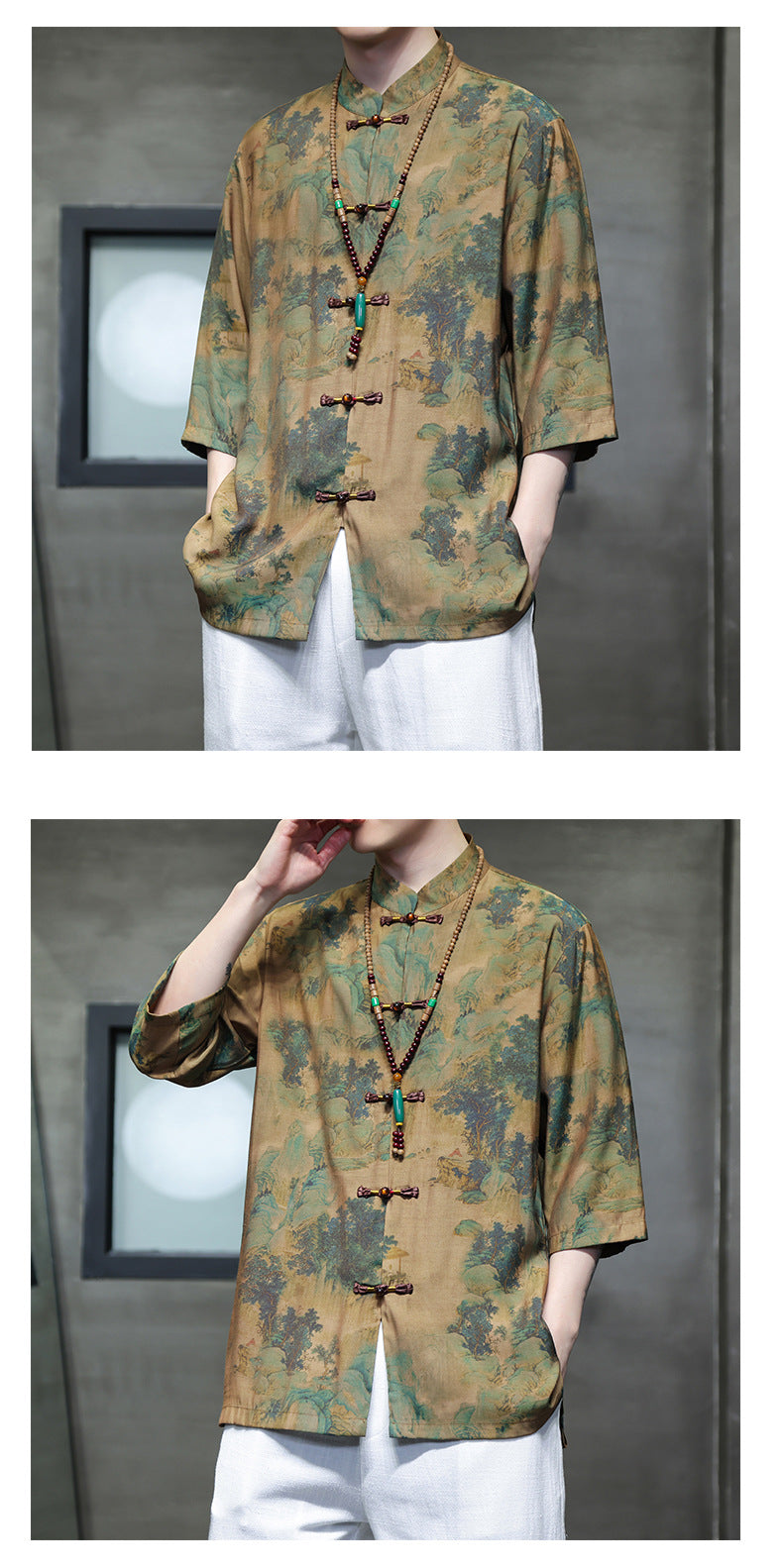 Mens Summer Chinese Tang Shirt Three Quarter Sleeve Fashion Trendy