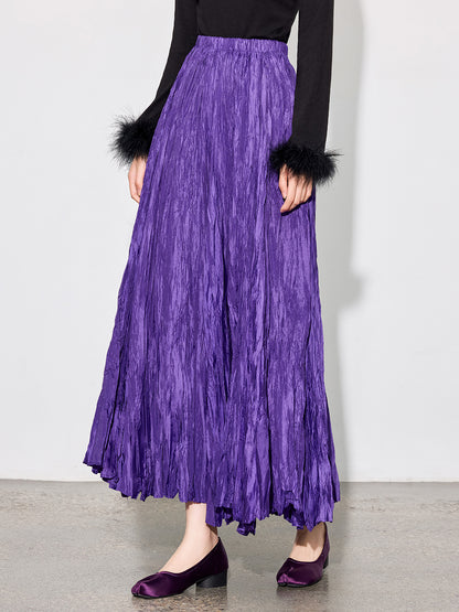 High-Waist Pleated Midi Skirt with Elastic Waist