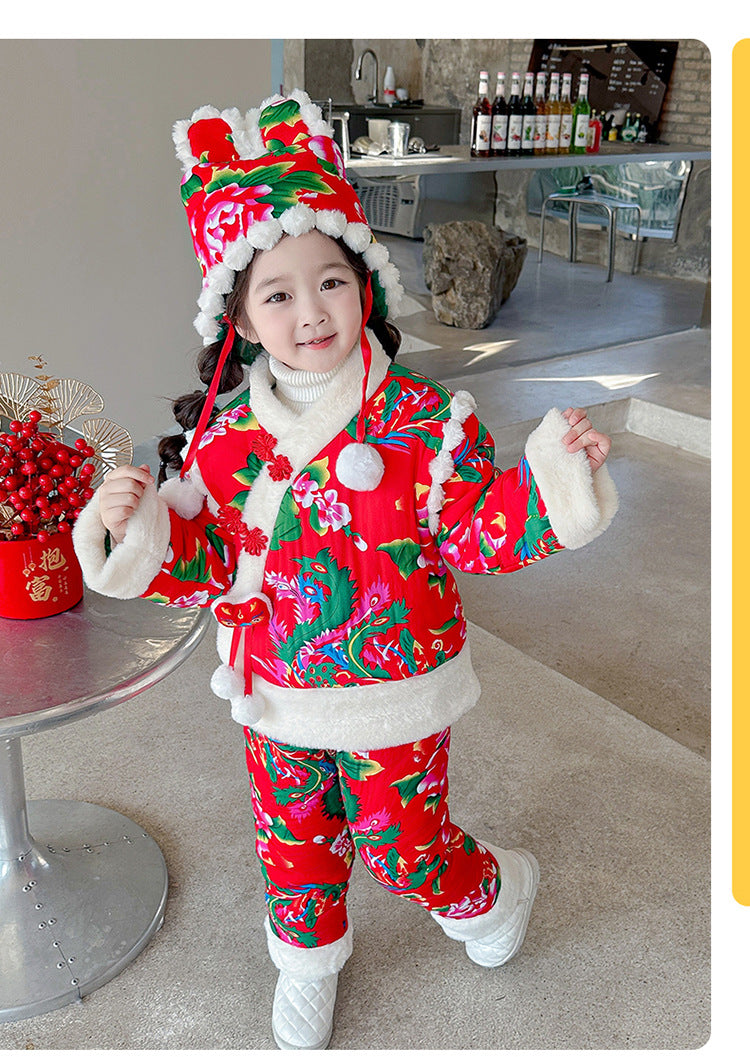 Northeast Floral Girls Padded Jacket Winter Rabbit Ear Four-Piece