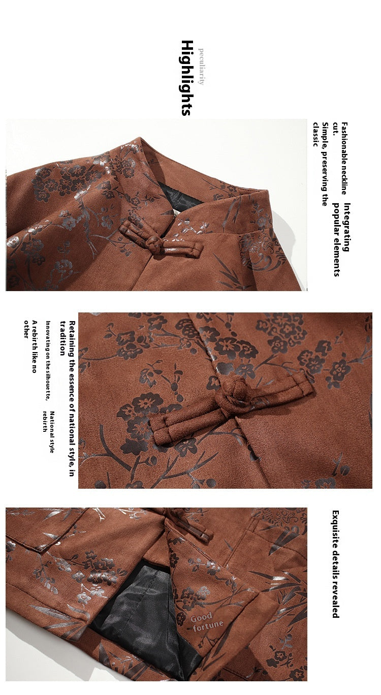 Chinese Style Mens Retro Tang Suit Button Printed Velvet Coat