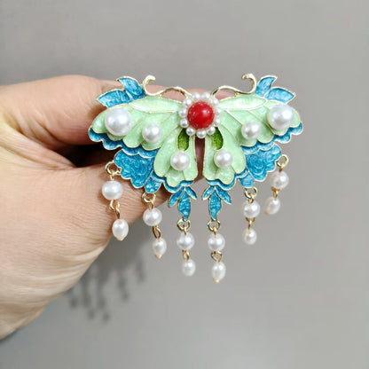 Blue Enamel Hair Clip Chinese Style Pearl Tassel Butterfly Hairpin