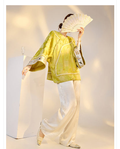 Elegant Yellow Jacquard Rayon Shirt New Chinese Style Top 2026