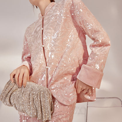 New Chinese Satin Floral Sequin Button Light Luxury Loose Coat